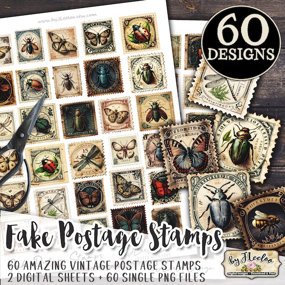 FAKE POSTAGE STAMPS entomology supplies Png printable vintage ephemera butterfly insect junk journal instant download collage | cl137