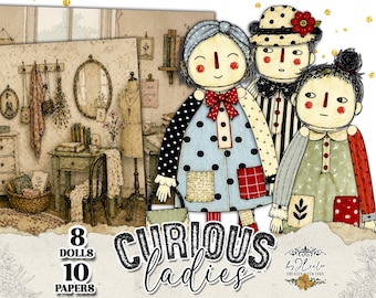 Puede incluir: Ilustración de tres muñecas curiosas con cabezas grandes y mejillas rojas, vestidas con vestidos y sombreros estampados. La imagen incluye el texto "8 Dolls 10 Papers" y "Curious Ladies". El fondo muestra una escena de habitación vintage.