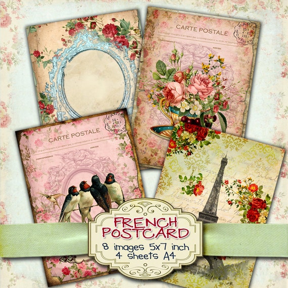 FRENCH POSTCARD postcard digital papers shabby chic texture digital scrapbook instant download printable digital collage sheets pp194