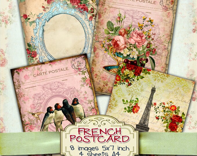 FRENCH POSTCARD postcard digital papers shabby chic texture digital scrapbook instant download printable digital collage sheets pp194