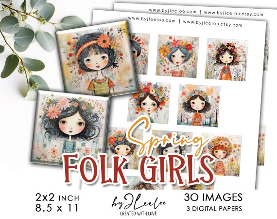 SPRING FOLK girls 2x2 inch printable naive | glass cabochon sublimation images | supplies pendant keychain mountings cameo setting | qu558