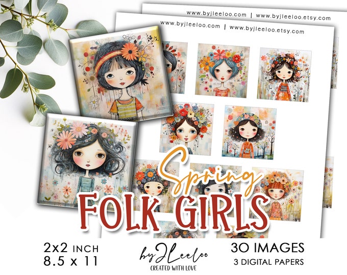 SPRING FOLK girls 2x2 inch printable naive | glass cabochon sublimation images | supplies pendant keychain mountings cameo setting | qu558