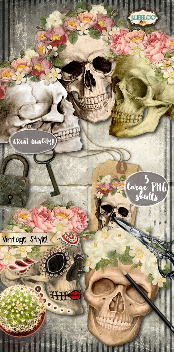 SKULLS large PNG printables Halloween gothic Digital collage sheet roses vintage diy scrap day of the dead bones instant downloads cl124
