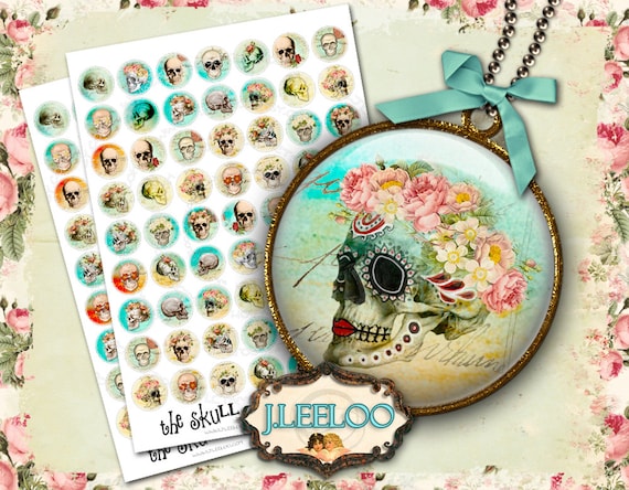 Digital images THE SKULL 1 inch circle for scary halloween resin pendant tray dia de los muertos download Digital collage sheet tn310