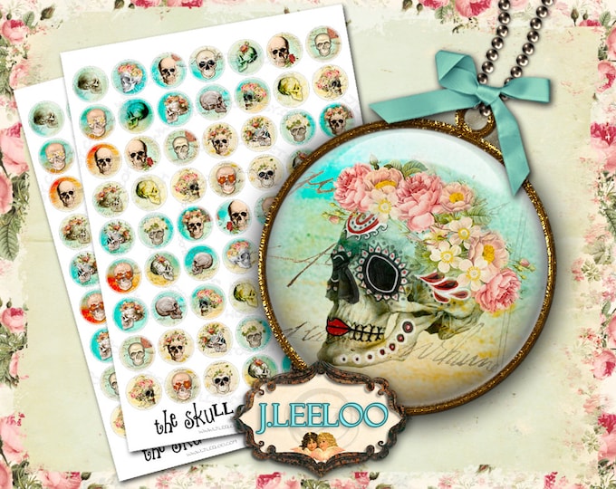 Digital images THE SKULL 1 inch circle for scary halloween resin pendant tray dia de los muertos download Digital collage sheet tn310