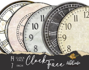 FACE CLOCK 7 inch circle printable | Vintage jpeg clock clipart vintage home decor diy | paper crafting download digital collage | tn797