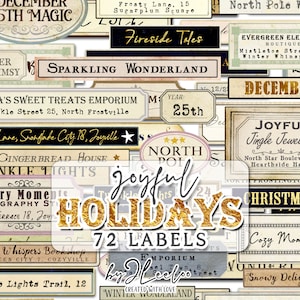 Zestaw etykiet JOYFUL HOLIDAYS do wydrukowania, zabytkowe efemerydy | artykuły do pamiętnika, papierowe etykiety do majsterkowania | natychmiastowe cyfrowe kolaże | pp658