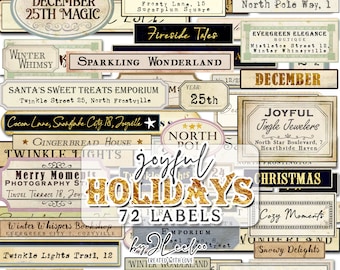 JOYFUL HOLIDAYS labels kit printable vintage ephemera | diary supplies junk journal paper craft tags | instant digital collage shets | pp658