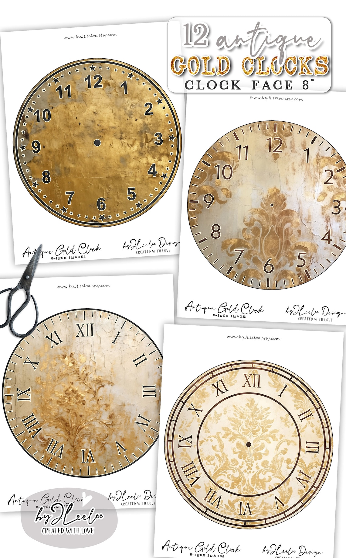 ANTIQUE GOLD Clock 8 Inch Circle Printable Clock Face Grunge Making ...