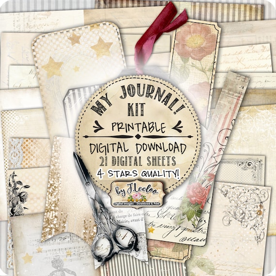 MY JOURNAL Kit diy vintage shabby chic linen and dot printable diary collage sheets pp486