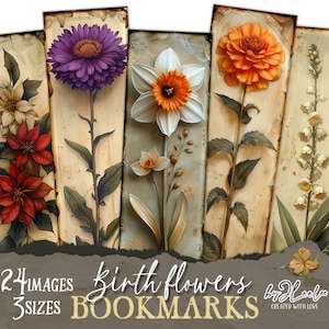 MARQUE-PAGES FLEURS DE NAISSANCE | Journal éphémère pour scrapbooking | Cadeau romantique floral d'anniversaire | collage numérique | p793