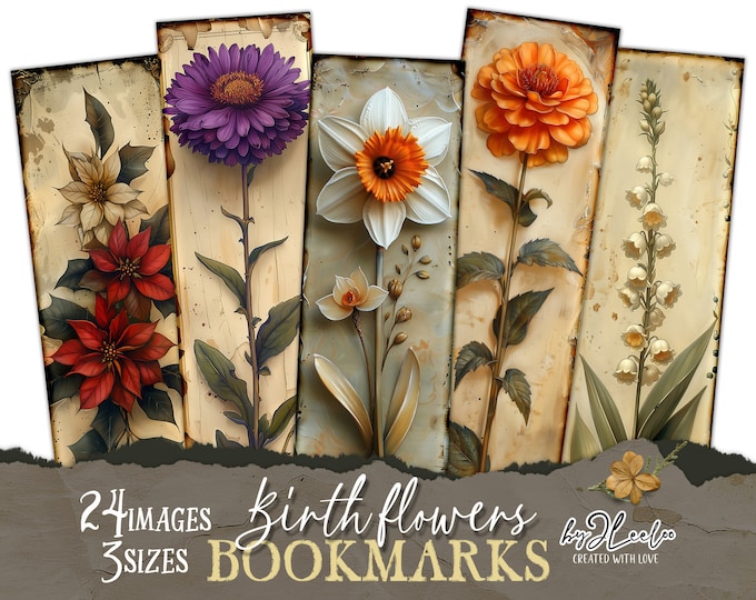 BIRTH FLOWERS BOOKMARKS watercolor botanical | Scrapbook tag ephemera junk journal | Birthday floral romantic gift | digital collage | pp793