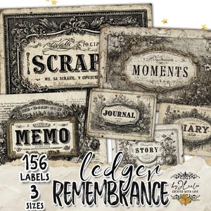 以下が含まれることがあります： 「SCRAP」「MOMENTS」「MEMO」「JOURNAL」「STORY」「DIARY」の文字が入った、ヴィンテージスタイルのスクラップブックラベルとタグのコレクション。ラベルには装飾的なフレームと花のアクセントが施されています。「156 LABELS 3 SIZES」の文字も表示されています。