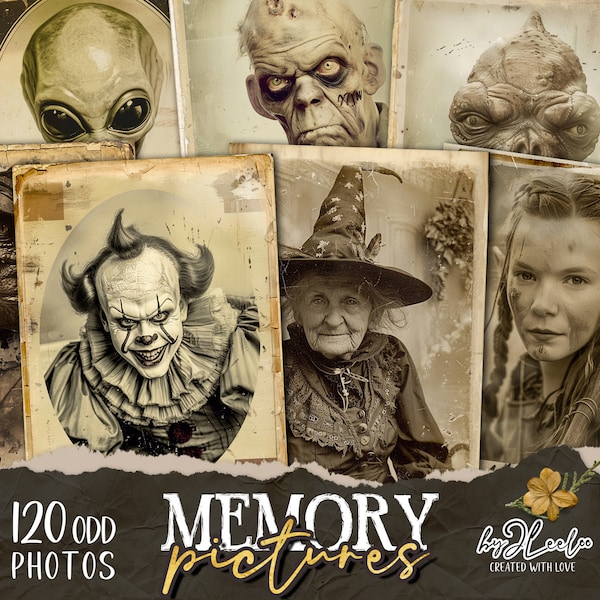 MEMORY PICTURES Collection 120 Odd photos | creepy junk journal digital ephemera supplies | victorian photo cards Halloween Bundle | cp011