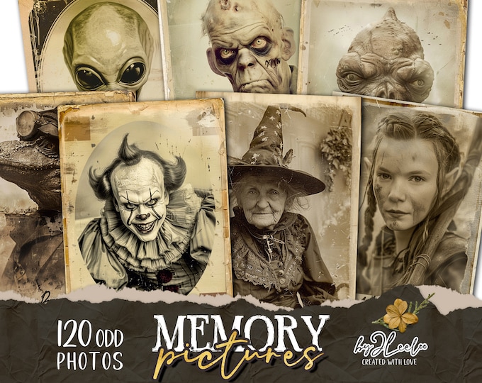 MEMORY PICTURES Collection 120 Odd photos | creepy junk journal digital ephemera supplies | victorian photo cards Halloween Bundle | cp011