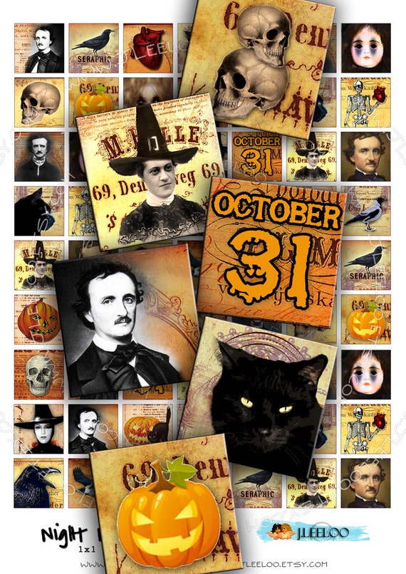 Digital paper NIGHT MIST 1x1 inch square poe raven scary halloween pendants magnet stickers craft instant download printable qu274