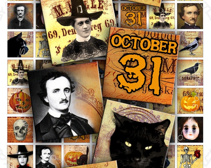 Digital paper NIGHT MIST 1x1 inch square poe raven scary halloween pendants magnet stickers craft instant download printable qu274