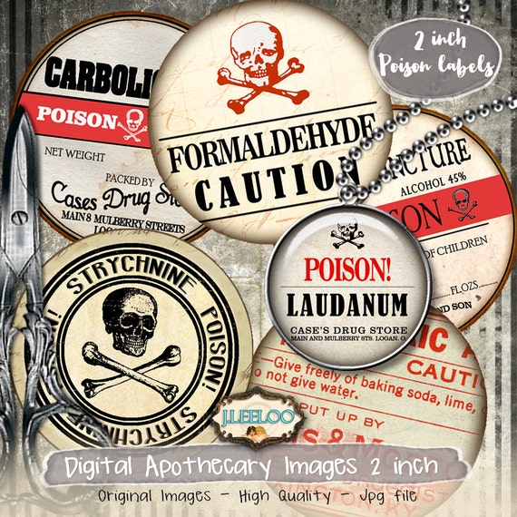 Digital paper POISON 2 inch circle goth apothecary labels arsenic magnet stickers mirrors pendant instant download printable tn535
