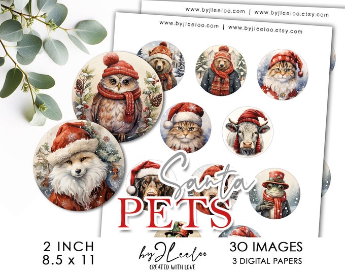 SANTA PETS 2 inch printable christmas holidays | supplies round pendants, bezel trays, glass cabochon mountings, cameo settings | tn682