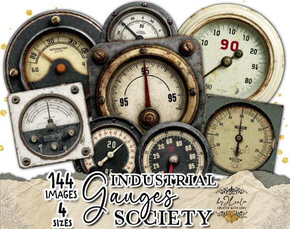 INDUSTRIAL GAUGES Society – vintage dials, grunge meters, steampunk gauges, printable junk journal ephemera, PNG & letter sheets | ppK02