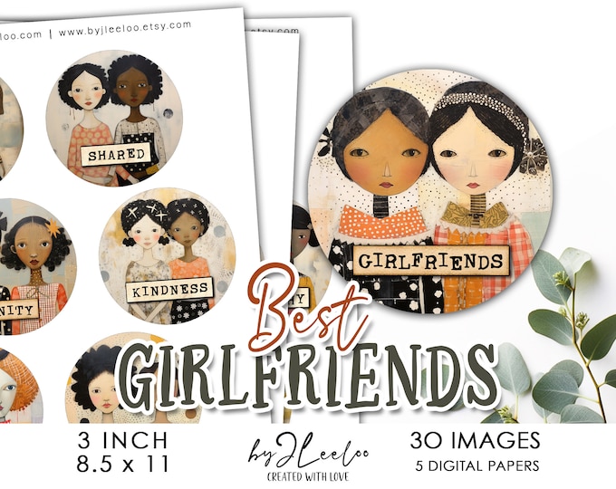 BEST GIRLFRIENDS 3 inch printable | Gift for girl supplies round pins mirror glass cabochon mountings necklace DiY embellishment | tn806