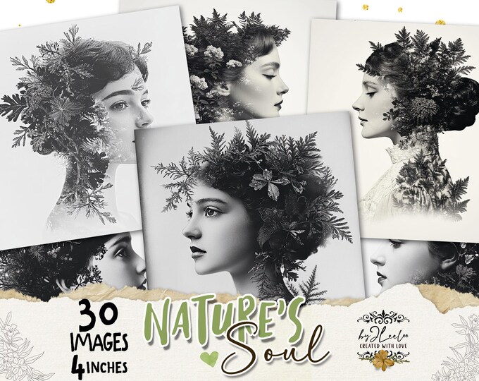 NATURE'S SOUL - 30 Vintage 4 inch Double Exposure Portraits Botanical Elements | Junk Journal Scrapbooking Collage and Paper Crafts | qu624