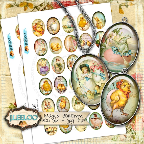 Digital download HAPPY EASTER oval chick eggs holidays springtime printable 30x40mm  for pendants digital collage instant download ov126