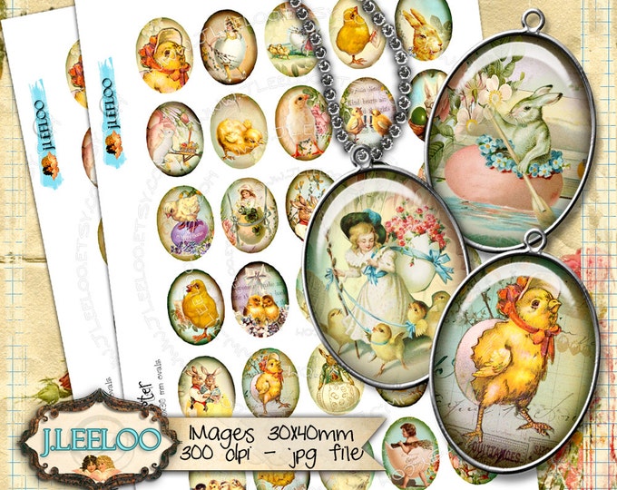 Digital download HAPPY EASTER oval chick eggs holidays springtime printable 30x40mm  for pendants digital collage instant download ov126