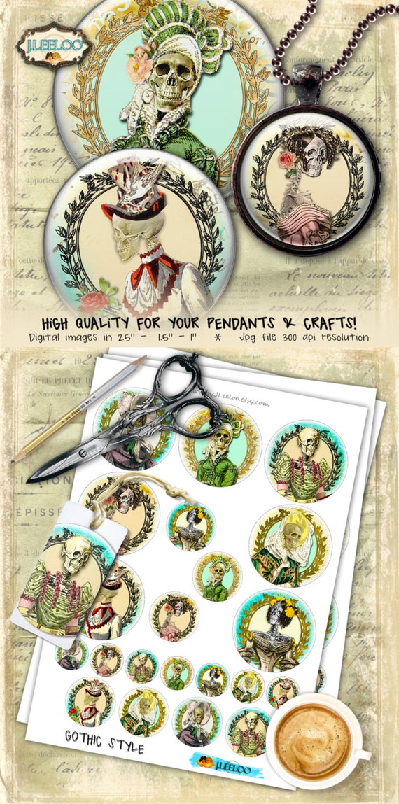 GOTHIC STYLE digital collage sheet 2.5 1.5 1 inch circle for goth scary regency halloween pendant magnet cupcake topper gift tag tn486
