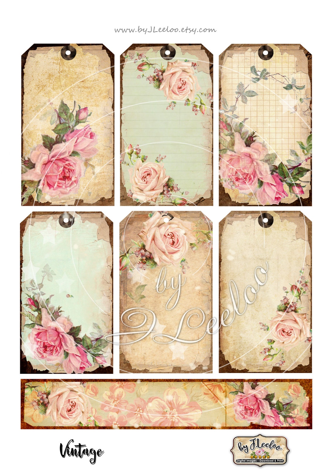 VINTAGE Tags Digital Shabby Chic Jewelry Holder Roses French | Etsy