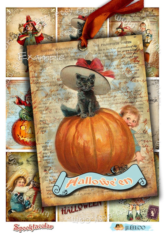 SPOOKTACULAR printable aceo size Digital collage sheet halloween black cat owl pumpink witch instant download background vintage ac210