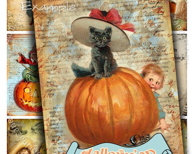 SPOOKTACULAR printable aceo size Digital collage sheet halloween black cat owl pumpink witch instant download background vintage ac210