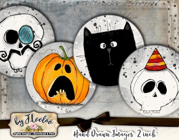 SKULL CAT PUMPKIN 2 pollici disegnati a mano per ciondoli scrapbook di magneti per feste Collage digitale per il download istantaneo tn586