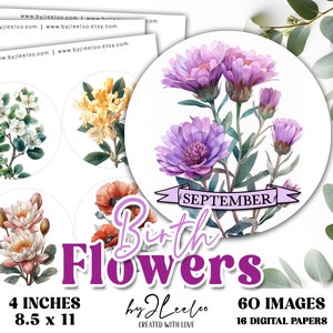 FIORI DI NASCITA 4 pollici regalo di compleanno stampabile / sottobicchiere adesivo circolare con fiori del mese di nascita / download digitale con taglio preciso / tn814