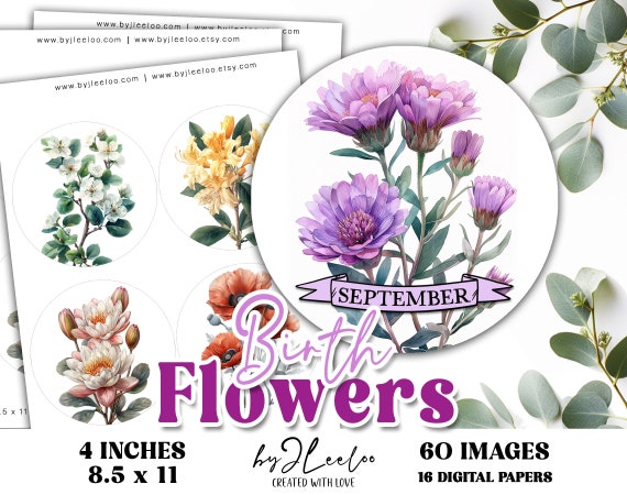 BIRTH FLOWERS 4 inches printable birthday gift | coaster Birth Month Flower circle sticker card making | Fussy cut digital download | tn814