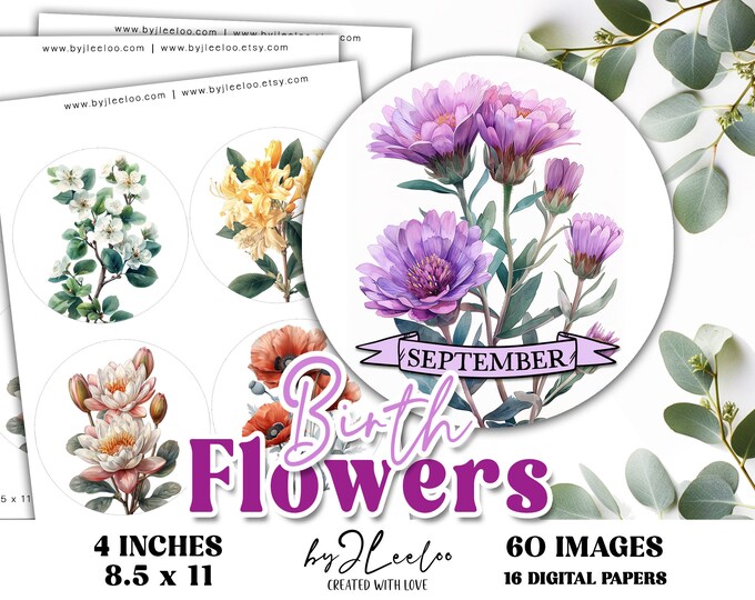 BIRTH FLOWERS 4 inches printable birthday gift | coaster Birth Month Flower circle sticker card making | Fussy cut digital download | tn814