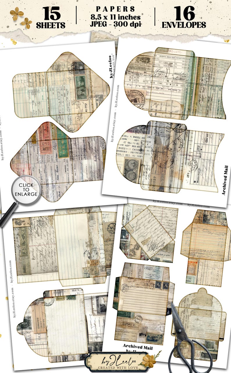 May include: A collection of vintage-style paper ephemera, including 15 sheets and 16 envelopes. The designs feature aged paper textures, postage stamps, and handwritten script. The text on the image reads "Archived Mail" and "by Heeloo CREATED WITH LOVE". The paper size is 8.5 x 11 inches.