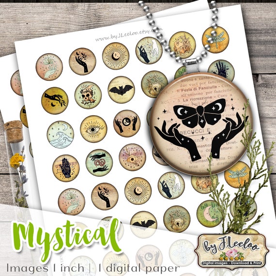 MYSTICAL 1 inch circle celestial sacred printable bottle caps stickers for pendants magnets coaster graphic digital collage sheet tn614