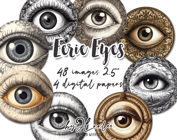 EERIE EYES 2.5 inch circle | Gothic Halloween supplies invitations pocket mirrors cupcake topper scrapbook magnets | Junk journal | tn657