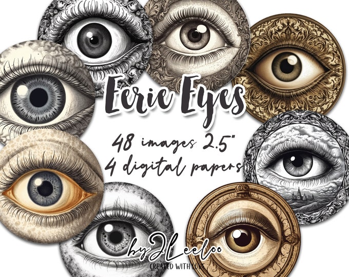 EERIE EYES 2.5 inch circle | Gothic Halloween supplies invitations pocket mirrors cupcake topper scrapbook magnets | Junk journal | tn657
