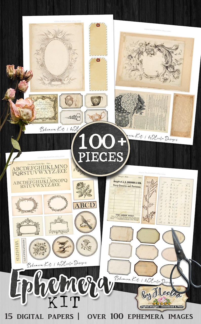 EPHEMERA KIT Scrapbook Paper Junk Journal Digi Kit Digital Junk Tags ...
