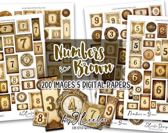 NUMBERS IN BROWN labels printable mystic fantasy supplies | tags vintage ephemera junk journal | images digital collage sheet | pp628