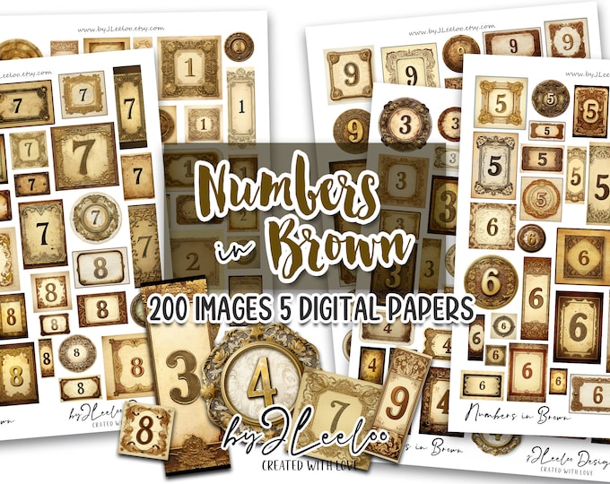 NUMBERS IN BROWN labels printable mystic fantasy supplies | tags vintage ephemera junk journal | images digital collage sheet | pp628