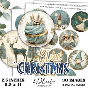 NATALE BLU 2,5 pollici etichette stampabili fai da te etichette regalo tappi di bottiglia adesivi / foglio collage / topper per cupcake decorazioni natalizie / tn833