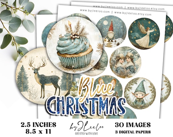 BLUE CHRISTMAS 2.5 inch printable Tags DIY Gift Labels Bottle Caps Stickers | Collage sheet | Cupcake Toppers Christmas Decorations | tn833