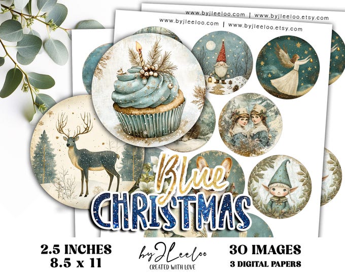 BLUE CHRISTMAS 2.5 inch printable Tags DIY Gift Labels Bottle Caps Stickers | Collage sheet | Cupcake Toppers Christmas Decorations | tn833