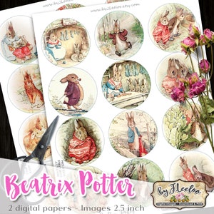 May include: Two sheets of digital paper featuring 12 illustrations of Peter Rabbit from Beatrix Potter's children's book. The images are 2.5 inches in diameter and are perfect for crafting projects.