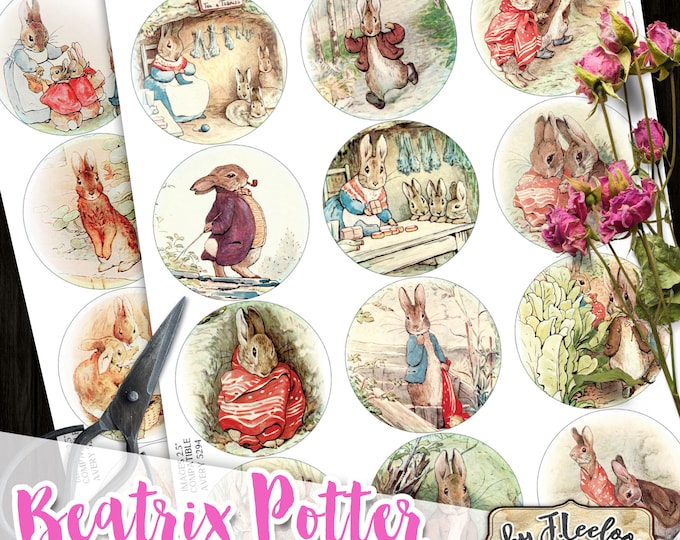 BEATRIX POTTER rabbit 2.5 inch circle printable bottle caps stickers for pendants magnets coaster graphic digital collage sheet tn611