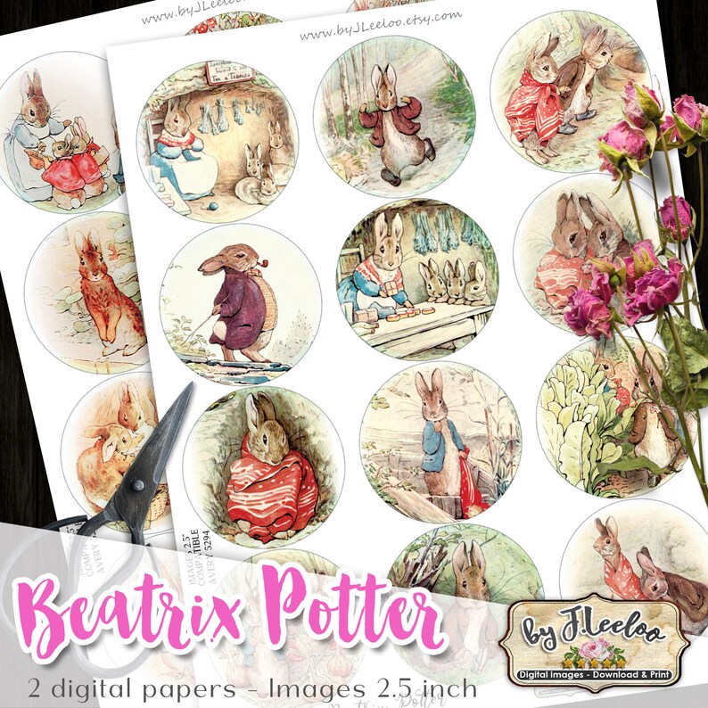 Puede incluir: Dos hojas de papel digital con 12 ilustraciones de Peter Rabbit del libro infantil de Beatrix Potter. Las im&aacute;genes tienen un di&aacute;metro de 2,5 pulgadas y son perfectas para proyectos de manualidades.