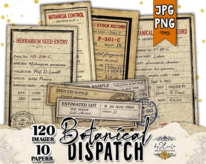 BOTANICAL DISPATCH Labels Vintage Ephemera, Junk Journal Printable, Herbarium Tags Seed Pack, Scrapbooking Kit | TL372